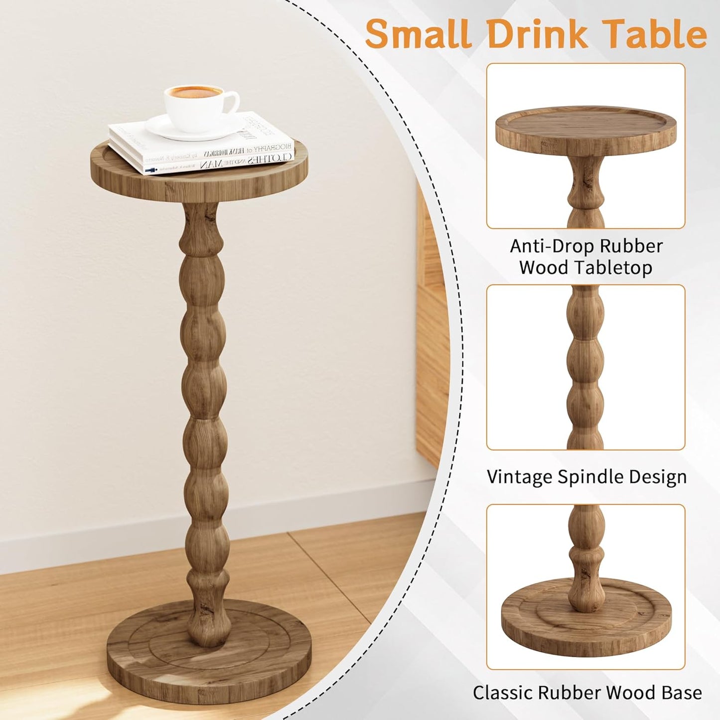 Small Side Table, Rubberwood‌ Drink Table for Small Spaces, Solid Wood Pedestal Coffee Tables, round End Tables for Living Room, Sofa Couch, Bedroom, Corners, and Office (Brown, 9.4 Inch)