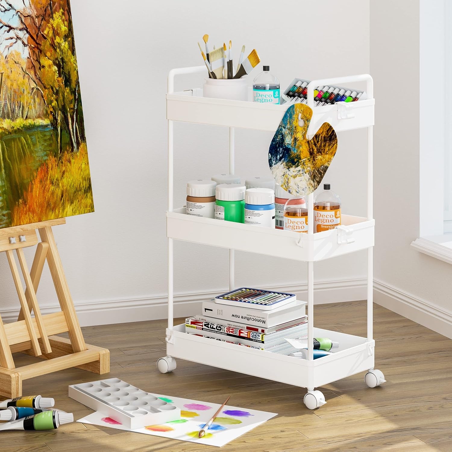 3 Tier Slim Rolling Storage Cart with Wheels Plastic Utility Cart Organizer for Snack Craft Art Postpartum Baby Diaper Nail Makeup in Bathroom Laundry Room Kitchen Bedside Narrow Space, White