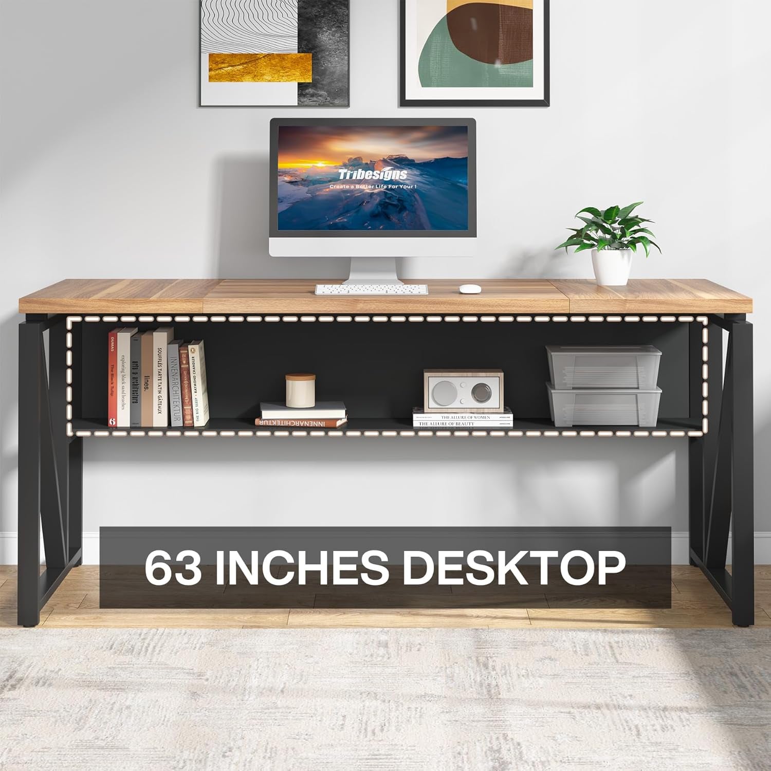63" Executive with Drawer Cabinet, L Shaped Desk and Lock Lateral File Cabinet, 2 Piece Home Office Furniture Set with Drawers for Hanging File, (Brown, 63 Inches)