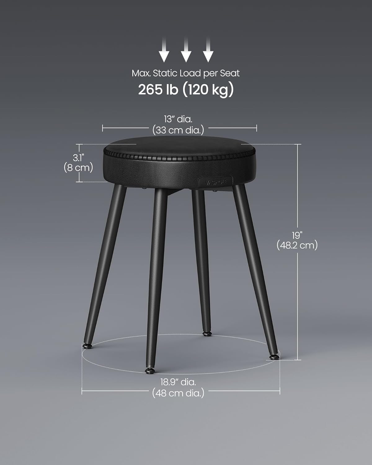 EKHO Collection - Dining Chairs Stools Set of 2, Upholstered Kitchen Chairs, Vanity Stools, Synthetic Leather with Stitching, Mid-Century Modern, 19-Inch Tall, Easy Assembly, Ink Black