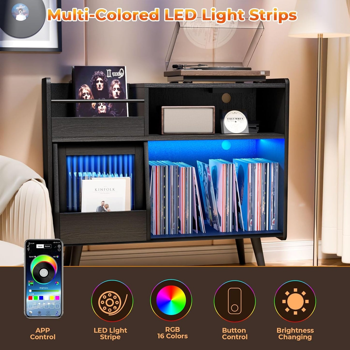 Upgraded Large Black Record Player Stand -Turntable Stand Shelf with with Power Outlet and LED Light,Vinyl Record Storage Cabinet up to 350 Albums,Wood Record Player Holder Table for Living Room