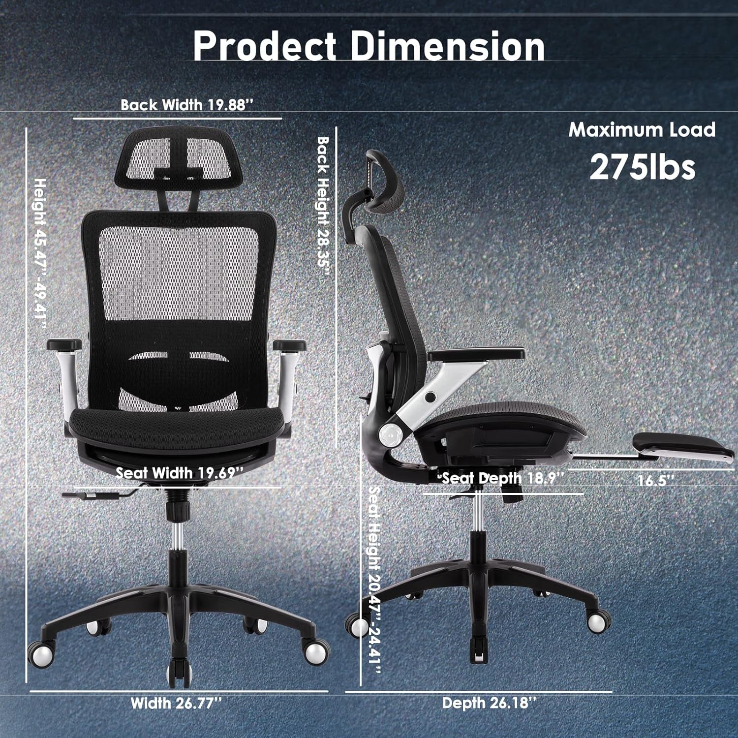 Ergonomic Mesh Office Chair with Footrest, High Back Computer Executive Desk Chair with Headrest and 4D Flip-Up Armrests, Adjustable Tilt Lock and Lumbar Support-Black