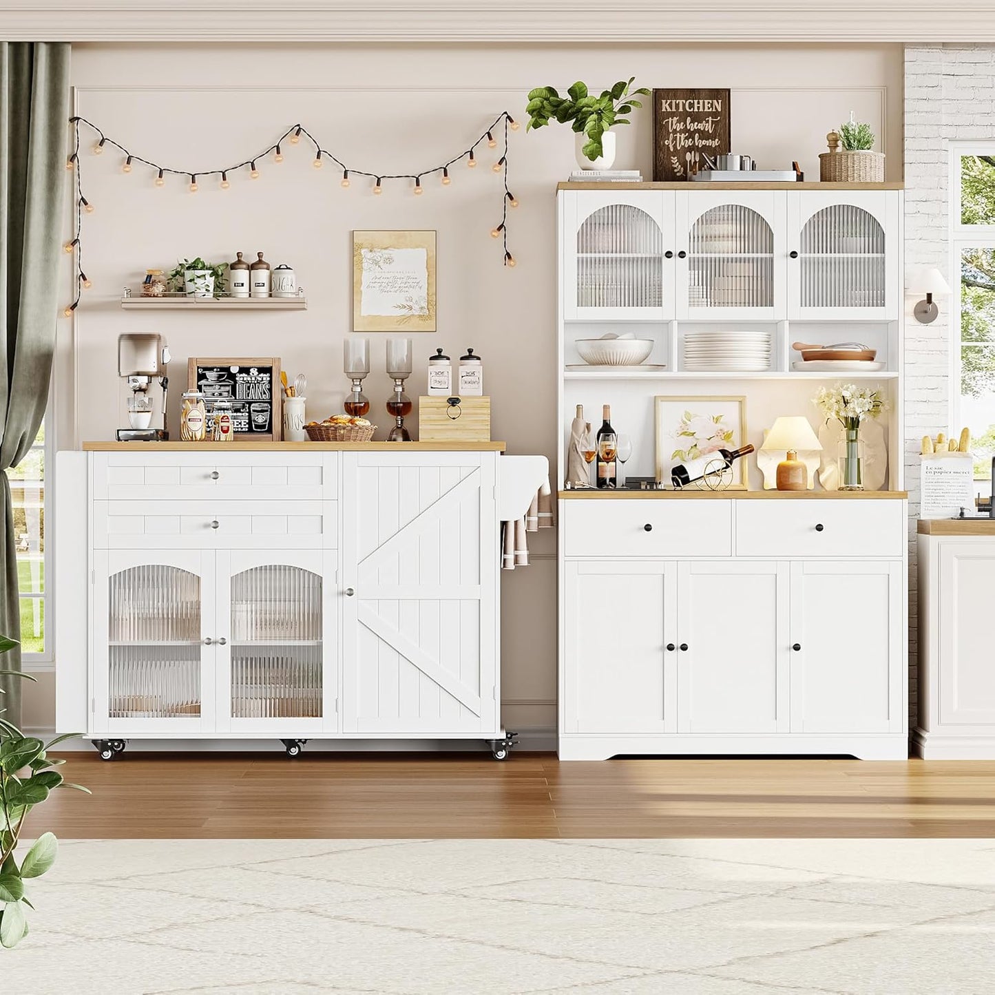 Kitchen Island with Storage, Rolling Kitchen Island on Wheels with Wood Drop Leaf Countertop, Island Table Bar Cart with Spice Towel Rack Portable Kitchen Table Kitchen Carts on Wheels