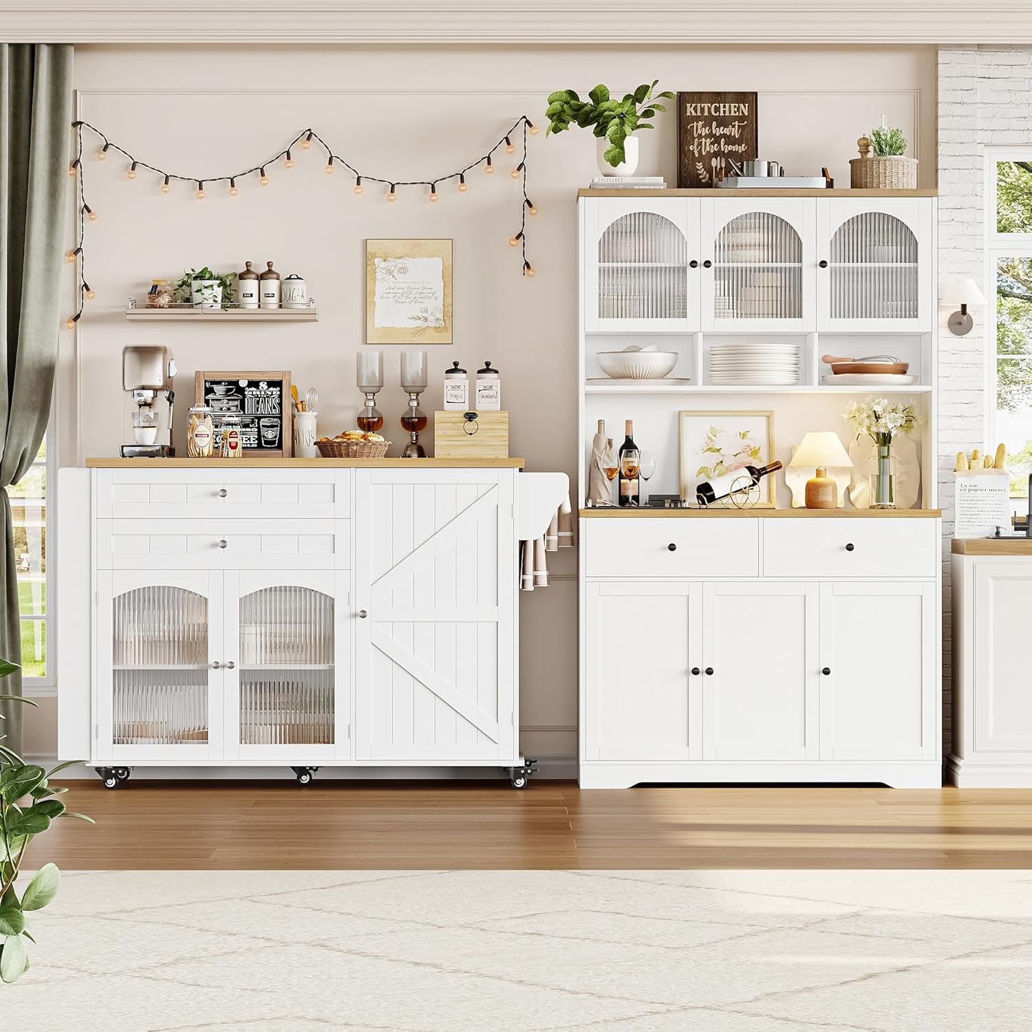 Kitchen Island with Storage, Rolling Kitchen Island on Wheels with Wood Drop Leaf Countertop, Island Table Bar Cart with Spice Towel Rack Portable Kitchen Table Kitchen Carts on Wheels
