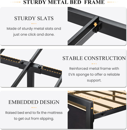 Queen Size Bed Frame with Modern Headboard, Heavy Duty Platform Metal Base with Square Footboard and 13 Strong Slats Support, No Box Spring Needed, Black
