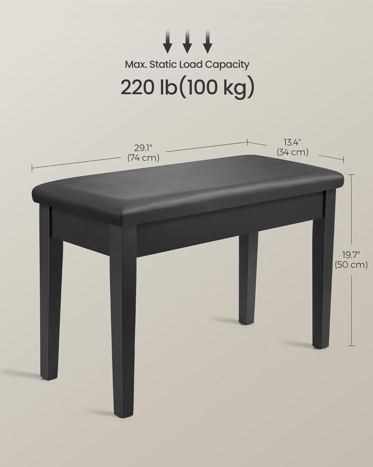 Duet Piano Bench with Padded Cushion and Storage Compartment, Piano Chair Seat, 13.4 X 29.1 X 19.7 Inches, Ink Black ULPB75BK