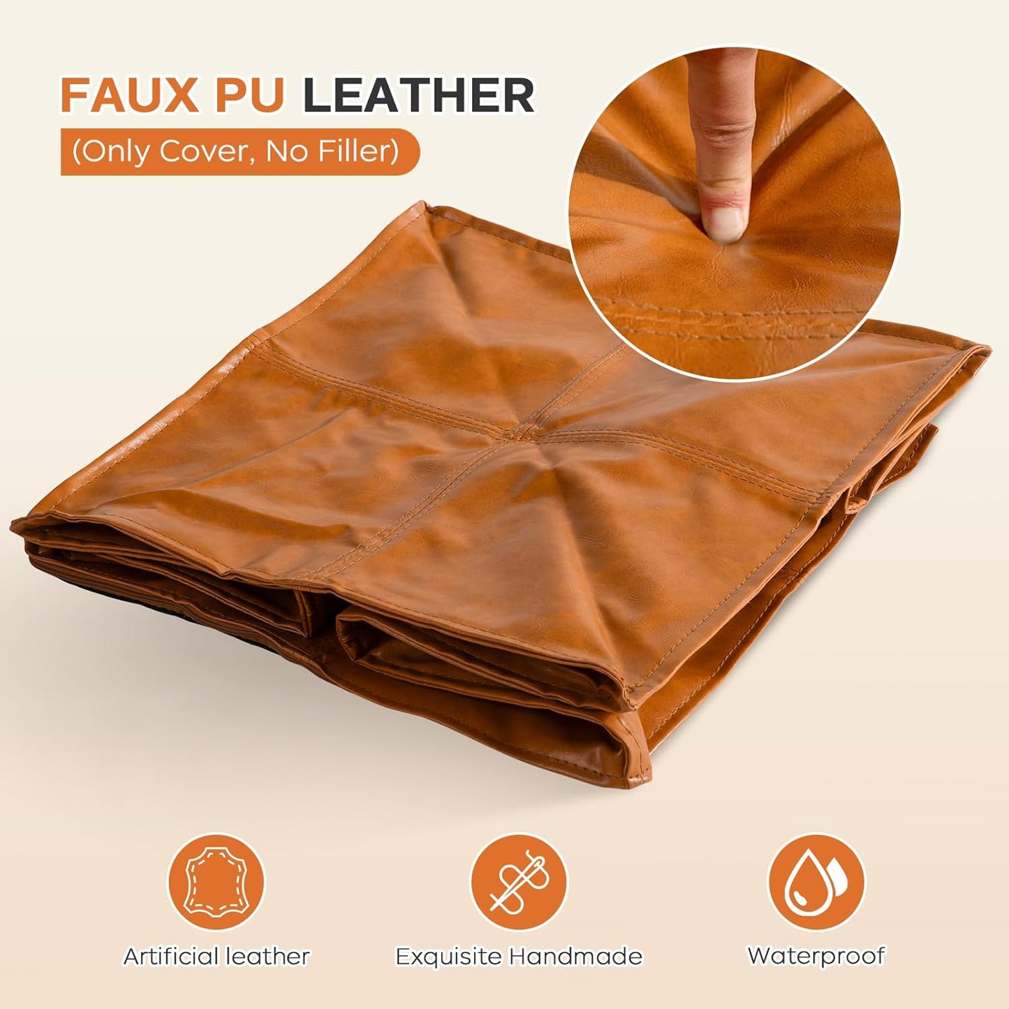 Pouf Ottoman Cover (Only Cover, No Filler), 17.7" Square Unstuffed Pouf Cover, Faux PU Leather Moroccan Poofy Ottoman Footstool, Brown No Filler Footrest, Floor Chair Gifts Foot Rest for Living Room