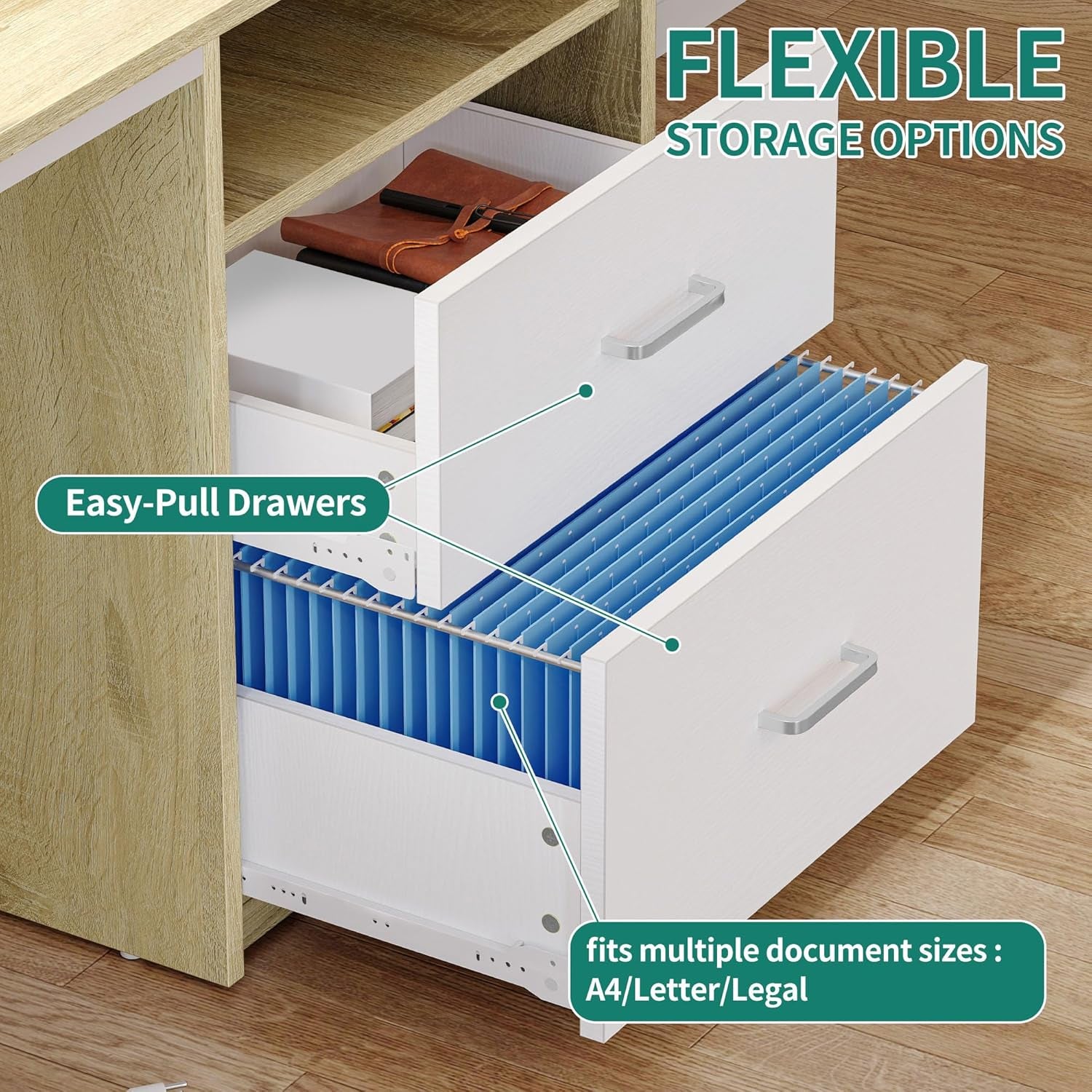 Computer Desk with Drawers, 55" Office Desk with Power Outlets & LED Light, Home Office Desk with Storage Shelves, White & Oak