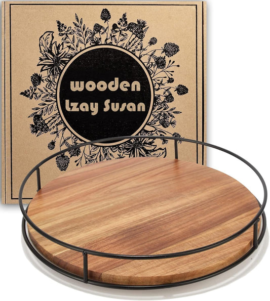 12" Acacia Wood Lazy Susan Turntable,  Kitchen Organizer Turntable with Steel Sides, 360 Degree Lazy Susan for Countertop Cabinet or Dining Table(Black)
