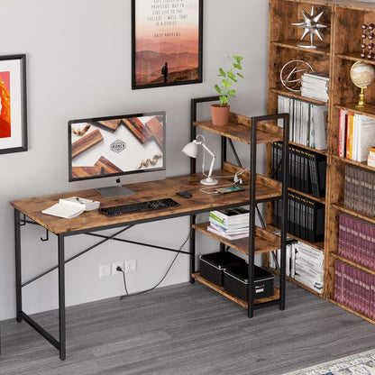 Computer Desk 55" with Power Outlet and Storage Shelves, Study Writing Table with USB Ports Charging Station, PC Desk Workstation for Home Office, Rustic Brown