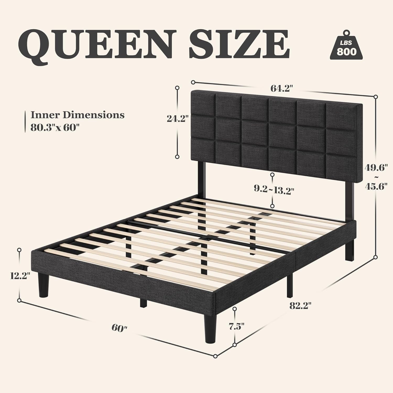 Queen Platform Bed Frame with Linen Upholstered Adjustable Tall Headboard, No Box Spring Needed, Anti-Noise EVA Sponge, Easy Assembly, One-Box Shipping, 7.5 Inch under Bed Storage, Dark Grey