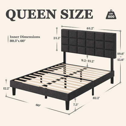 Queen Platform Bed Frame with Linen Upholstered Adjustable Tall Headboard, No Box Spring Needed, Anti-Noise EVA Sponge, Easy Assembly, One-Box Shipping, 7.5 Inch under Bed Storage, Dark Grey