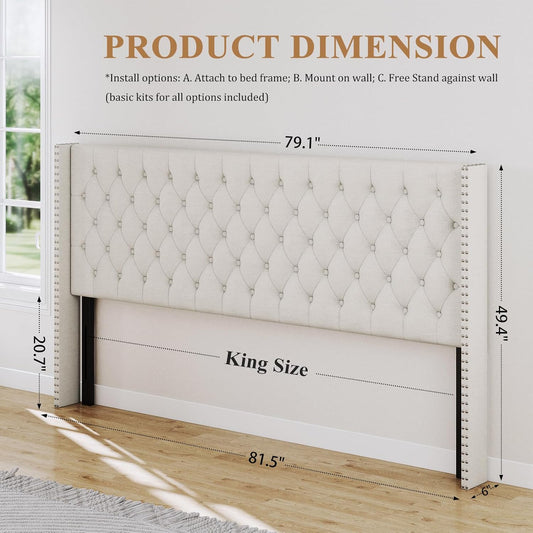 King Size Headboard Only, Wingback Wall Mount Headboard King Size for Adjustable Bed Featuring High-Density Sponge Padding, Luxury Texture Easy Assembly Comfort and Style, Ivory