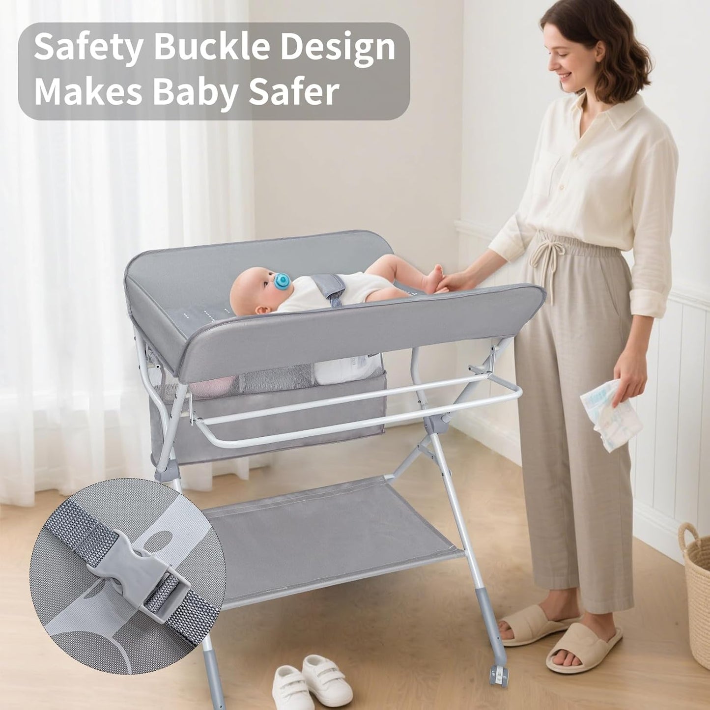 Baby Folding Portable Changing Table, 4-Level Adjustable Height Diaper Changing Station Table for Nursery with Safety Belt, Double Storage Bag, Headrests & Diaper Pad