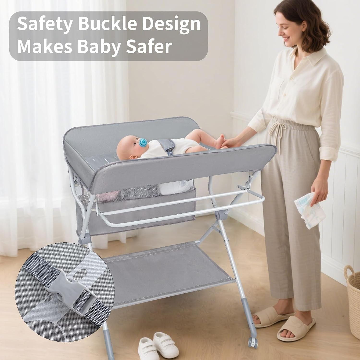 Baby Folding Portable Changing Table, 4-Level Adjustable Height Diaper Changing Station Table for Nursery with Safety Belt, Double Storage Bag, Headrests & Diaper Pad