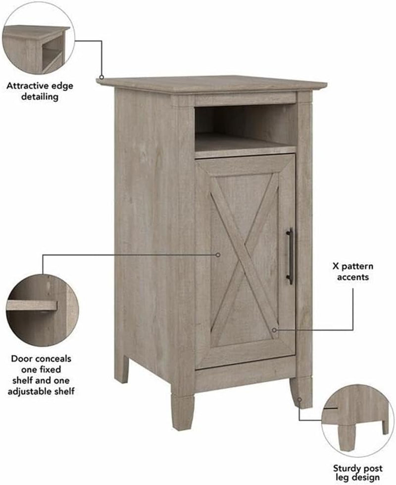 Bush Furniture Key West End Table with Door in Washed Gray, Compact Home Organizer, Storage Solution for Living Room or Bedroom