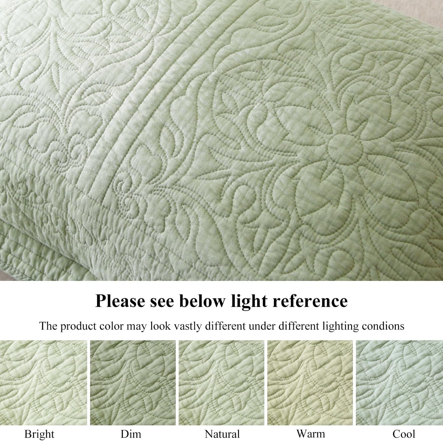 100% Cotton Quilted Pillow Sham Floral Printed Pillow Cover King Size, Set of 2, Green