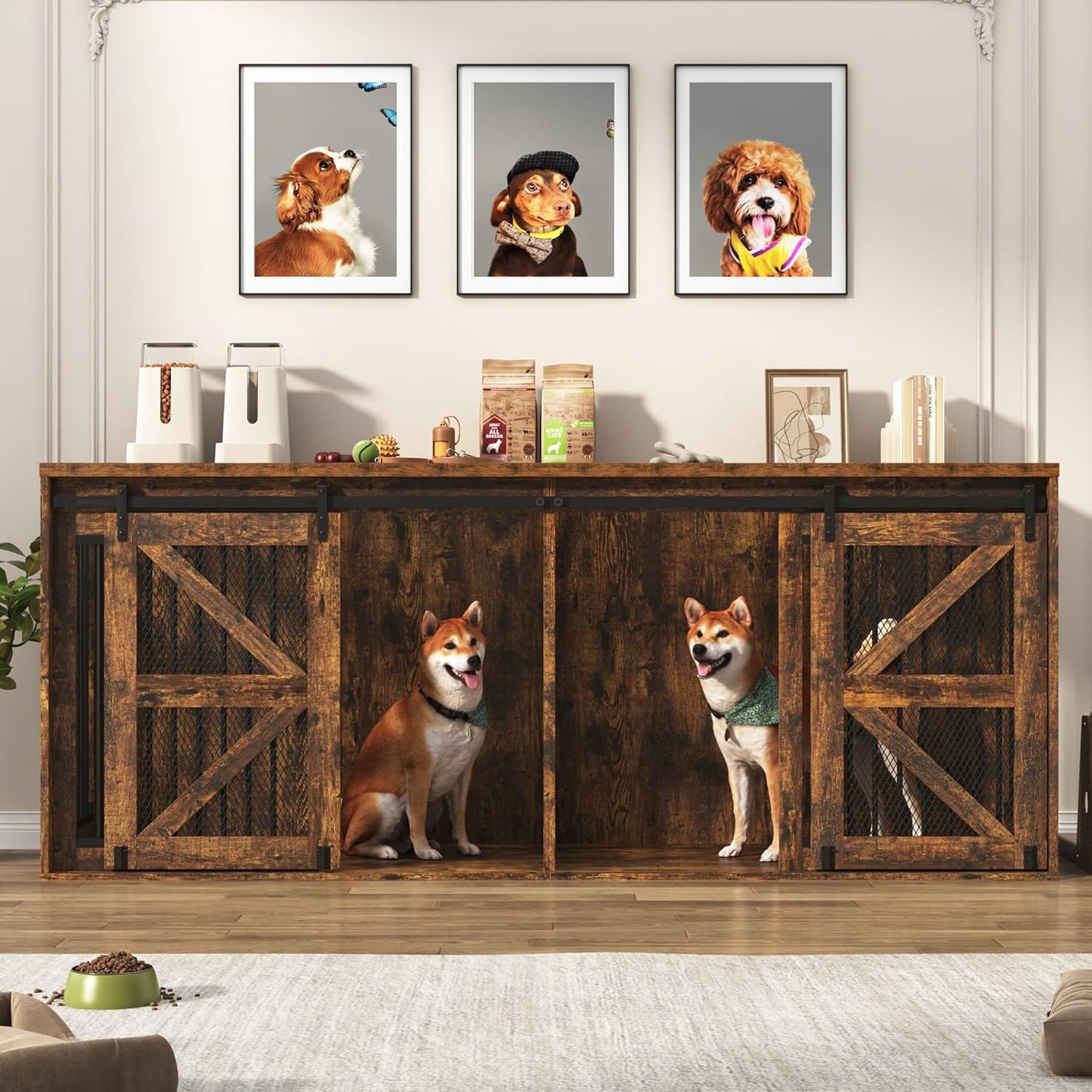 87In Farmhouse Dog Crate TV Stand, Wooden Dog Kennel Furniture with Sliding Metal Mesh Barn Door, Large Dog Crate Furniture for 2 Dogs, Solid Metal Tube & 2 Lockable Doors, Rustic Brown
