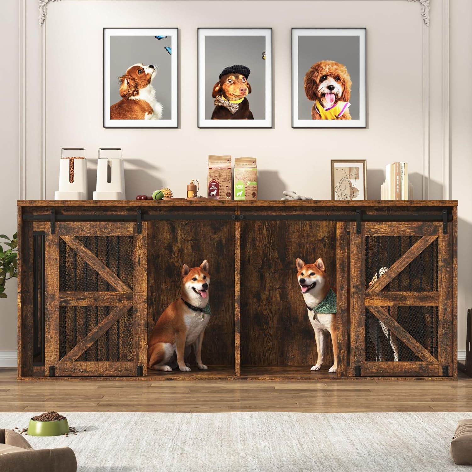 87In Farmhouse Dog Crate TV Stand, Wooden Dog Kennel Furniture with Sliding Metal Mesh Barn Door, Large Dog Crate Furniture for 2 Dogs, Solid Metal Tube & 2 Lockable Doors, Rustic Brown