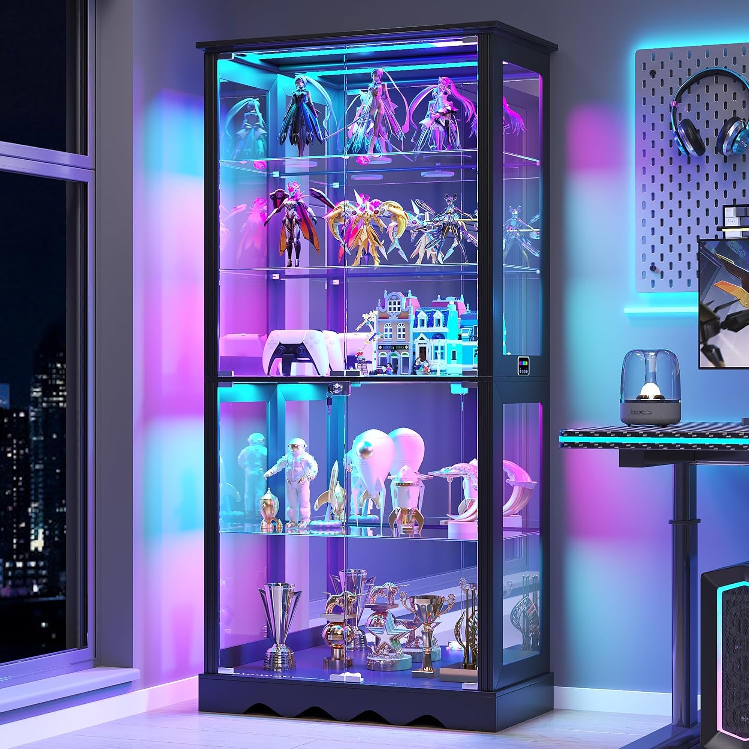Display Cabinet with Glass Doors, 71'' Tall Curio Cabinet with RGB Lights for Collectibles, LED Display Case with Removable Shelf for Book/Medal/Figure, Black