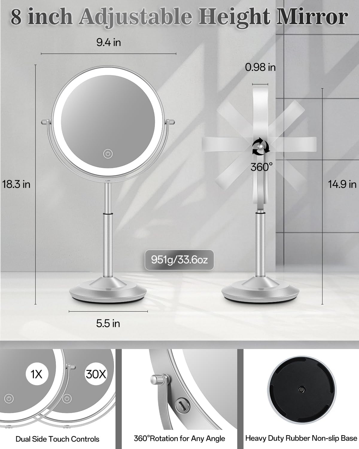 Makeup Mirror with Lights, 1X/30X Lighted Magnifying Mirror Height Adjustable, 3000Mah Rechargeable Double Sided Vanity Mirrors with 3 LED Lighting and Adjustable Brightness for Desk Women Gift