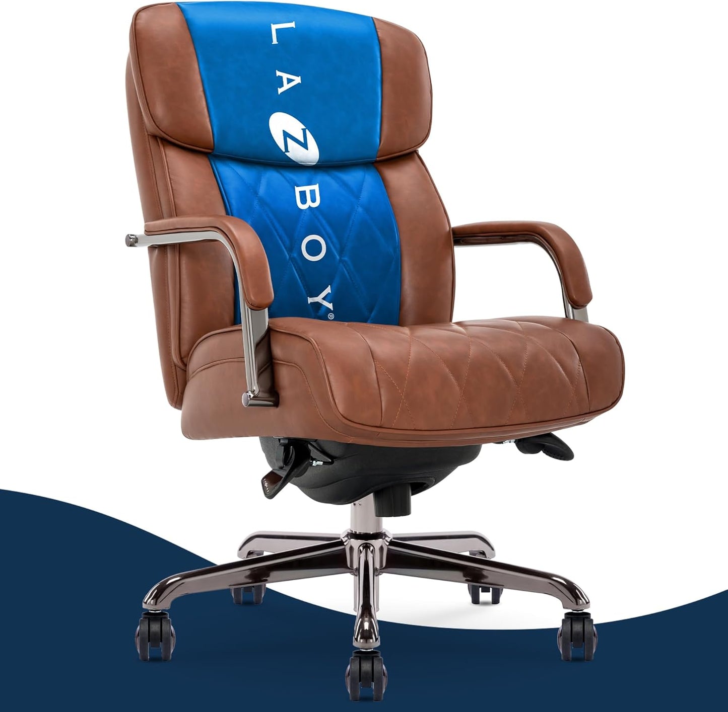 Symphony Executive Mid-Back Office Chair, Diamond Quilt Seat and Back, Pocket Coil Cushion, Padded Armrests, Ergonomic Computer Deskchair, Swivel Metal Base, Bonded Leather, Cognac/Graphite