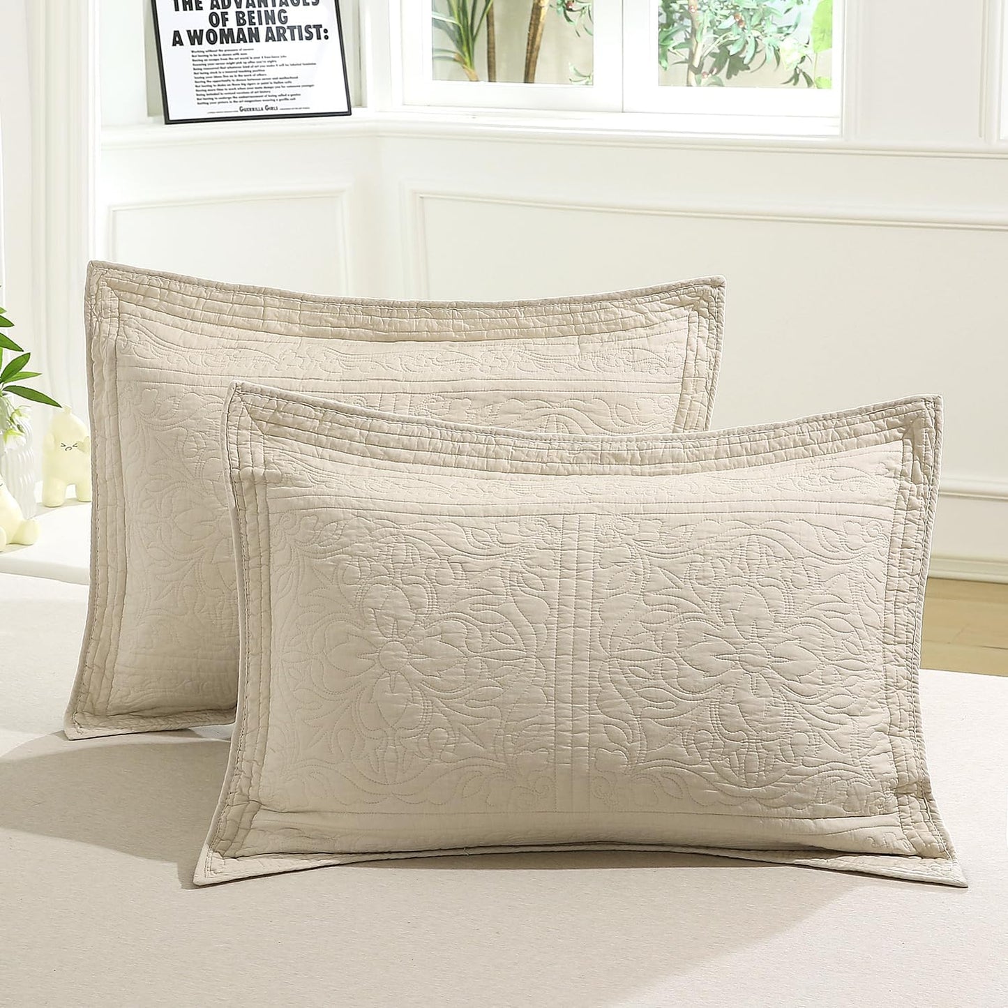 100% Cotton Quilted Pillow Sham Floral Printed Pillow Cover (King, Beige)