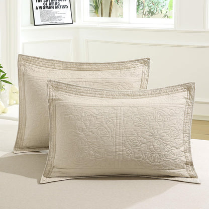 100% Cotton Quilted Pillow Sham Floral Printed Pillow Cover (King, Beige)