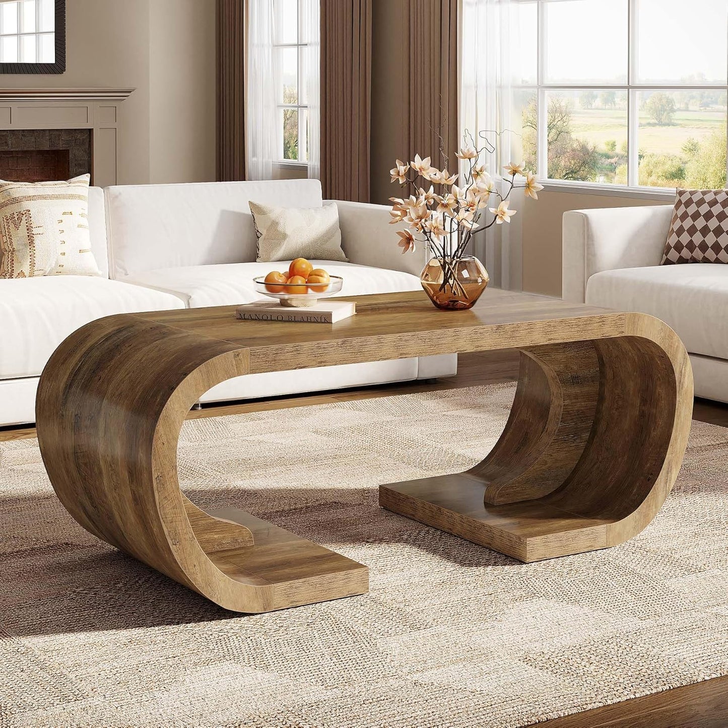 Farmhouse Coffee Table, 47" Heavy Duty C-Shaped Center Table with Curved Base, Large Tea Table for Living Room, Entertainment Room, Home Office, Rustic Brown