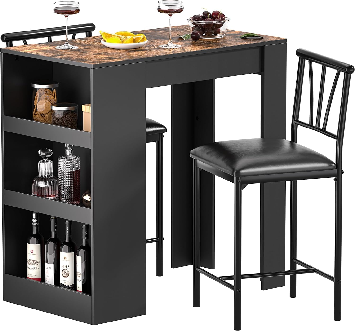 Small Bar Table and Chairs Tall Kitchen Breakfast Nook with Stools/Dining Set for 2, Storage Shelves, Space-Saving, Gray