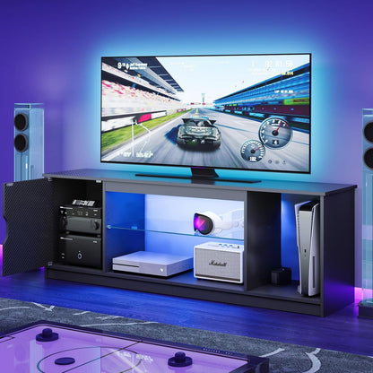 57" LED TV Stand for 55/60/65 Inch Tvs - Gaming Entertainment Center with RGB Lights, Adjustable Glass Shelves & Cabinet for Ps5/Xbox, Modern Black TV Console for Living Room