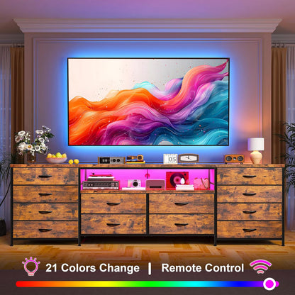 Fits 65,70 Inch Tv Stand, 63" W Entertainment Center with LED Lights & Power Outlets, 12 Long Fabric Dresser for Bedroom, Hallway, Rustic Brown