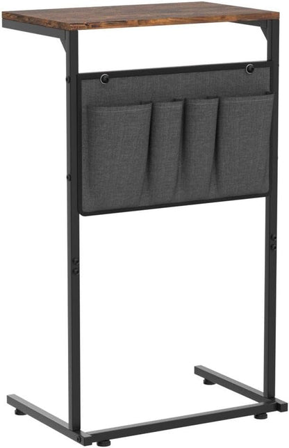 C Shaped End Table, Small Side Table for Couch and Recliner, Slide under Sofa Tray Desk with Storage Bag for Living Room and Bedroom, Rustic Brown