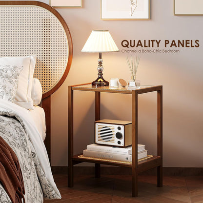 Rattan Side Table Living Room Glasstop Night Stand Boho End Table 2-Tier with Storage Mid Century Modern Bedside Table for Small Spaces Narrow Coffee Table Bamboo