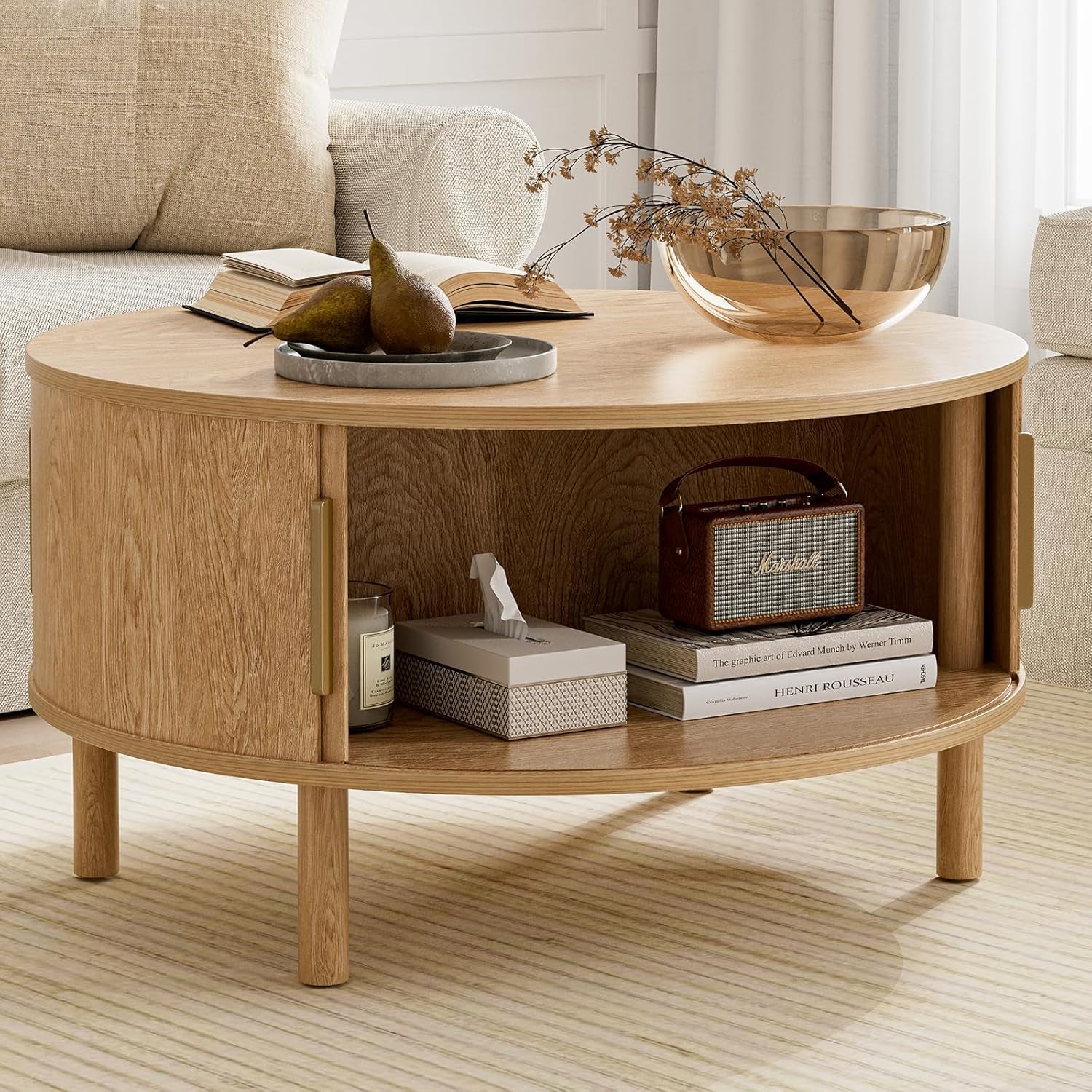 Coffee Table for Living Room, Modern round Coffee Table with Cabinets & Sliding Doors, Home Small Space, 29.9" Fluted Center Table, Natual