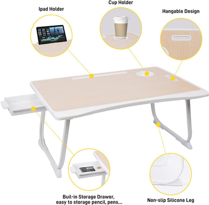 Laptop Bed Desk Tray Bed Table, Foldable Portable Lap Desk Notebook Stand Reading Holder with Storage Drawer and Cup Holder for Eating Breakfast on Bed/Couch/Sofa-White Oak