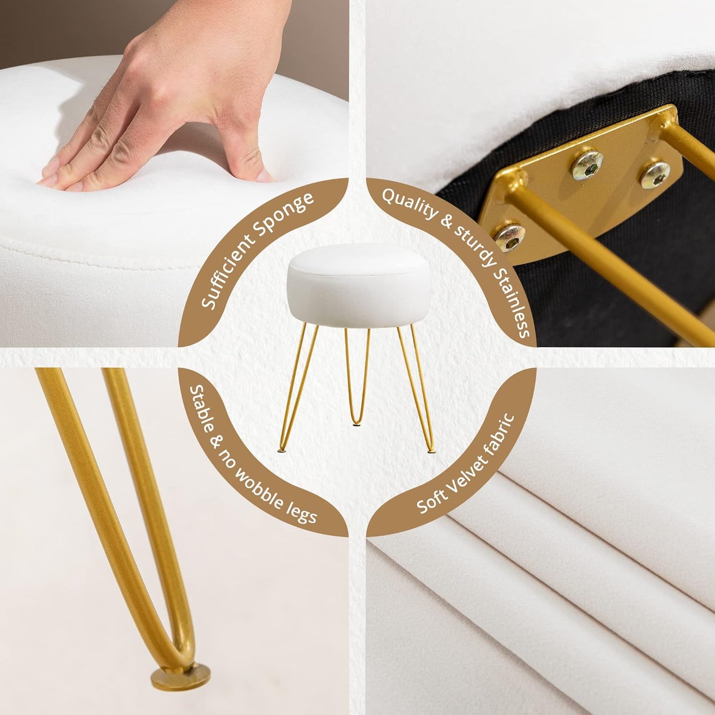 Vanity Stool, White Vanity Stools for Makeup Room, round Ottoman Foot Stool, Velvet Footrest Vanity Chair for Bathroom Vanity, Bedroom, Living Room, Entryway, Offices
