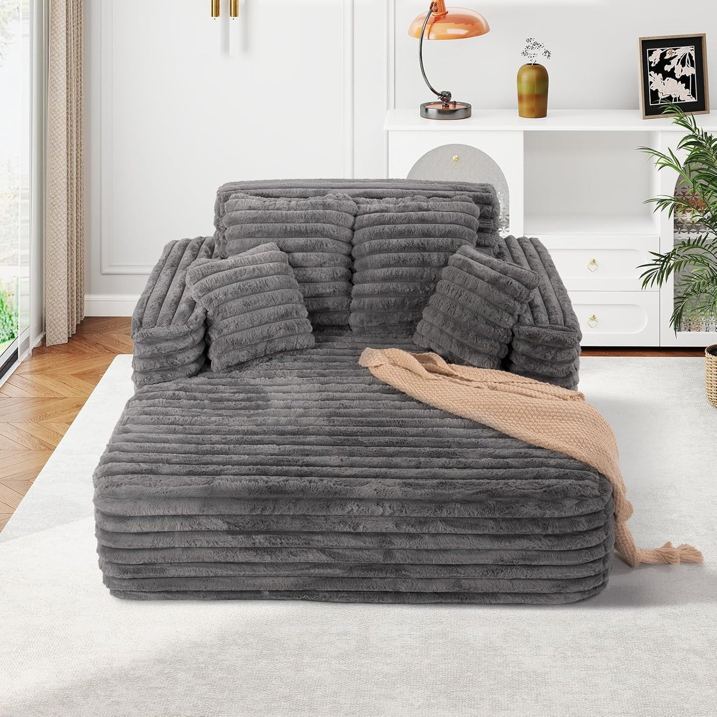 56" Oversized Chaise Lounge Chair Indoor,Plush Faux Fur Sleeper Sofa Couch Bed with Pillows&Wide Armrests,Fluffy Comfy Cloud Couch,Compression Foam Couch for Living Room,Bedroom(Grey)