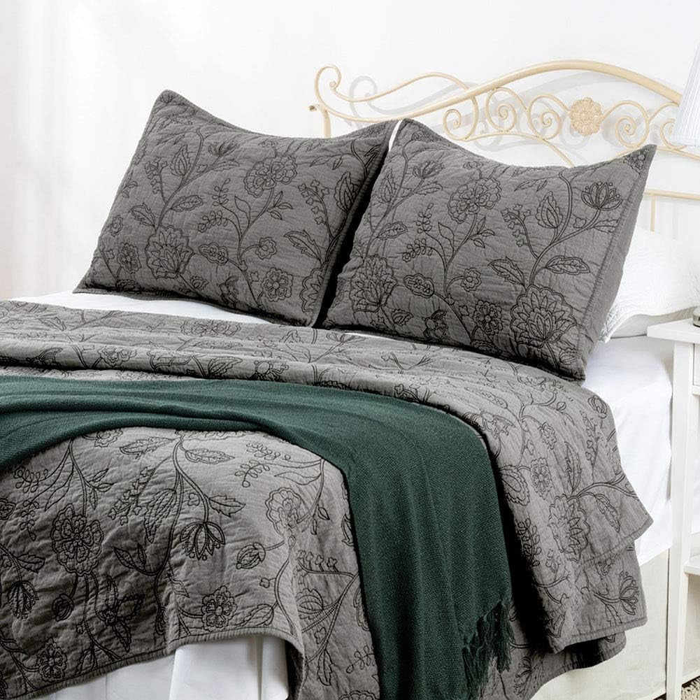 Cotton Vintage Embroidered King Pillow Sham, 20'' X 36'', Gray, 1 Piece