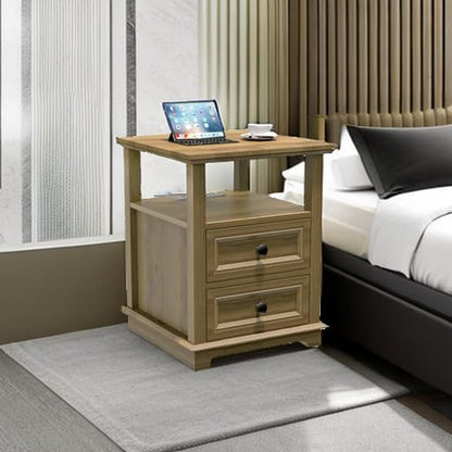 24" Tall Nightstand with Charging Station, Double 18W Fast Charge End Table, Large 18” Bedside Table with Drawers,Rustic Wood Storage Cabinet with Open Shelf for Bedroom,Natural