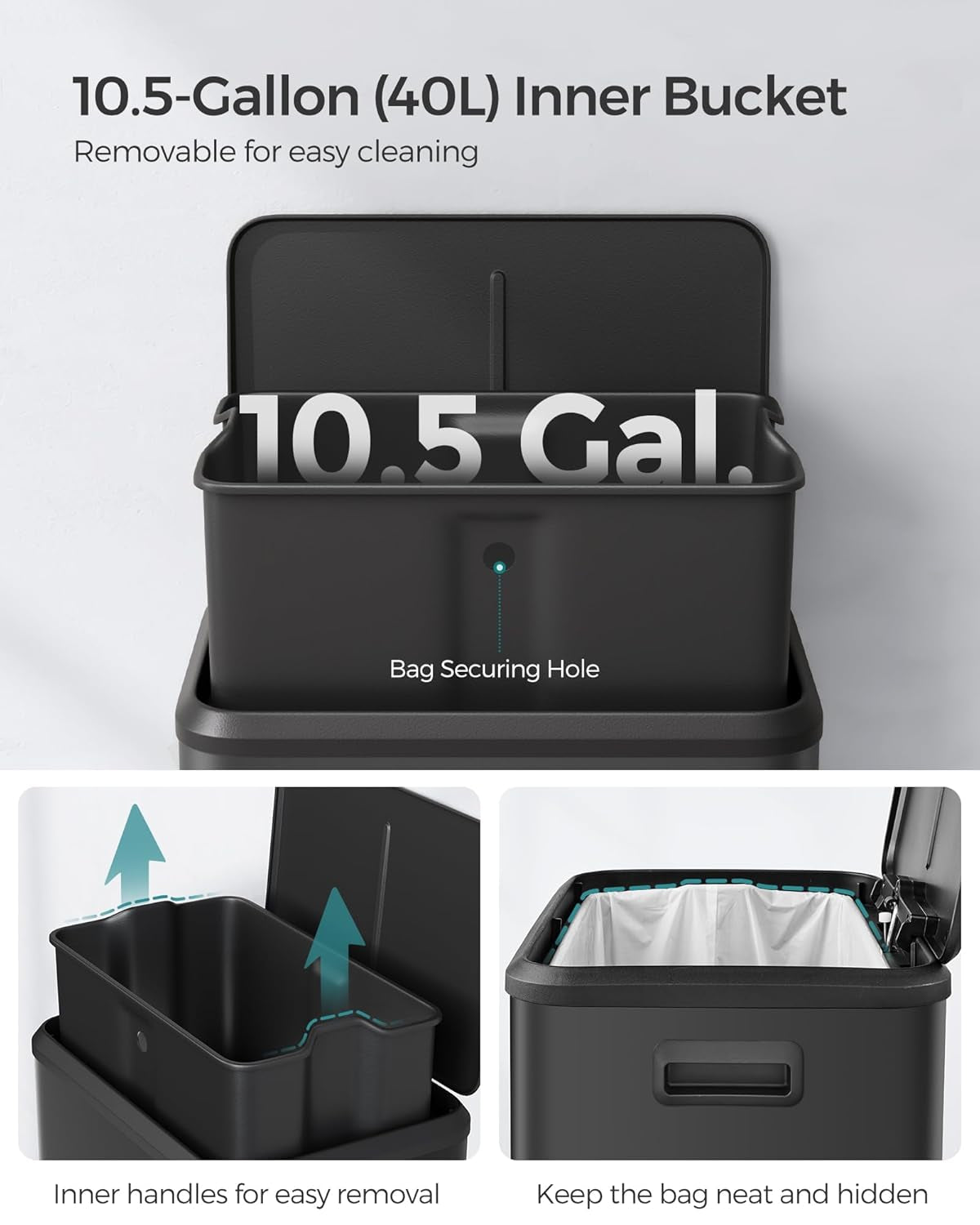 Kitchen Trash Can, 10.5-Gallon (40L) Garbage Can with Lid and Wide Foot Pedal, Soft Close and Stays Open, Black ULTB541B40