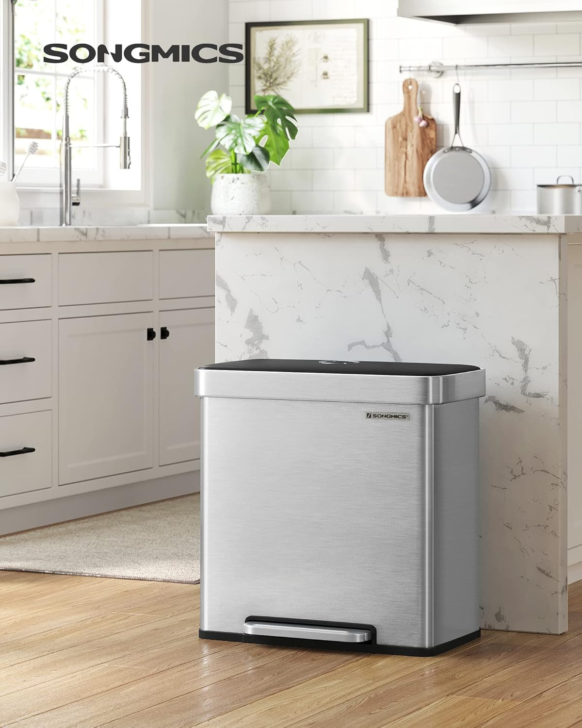 Kitchen Trash Can, 16 Gallon (2 X 8 Gallon) Dual Compartment Garbage Can, 60L Pedal Recycling Bin, Stays Open and Soft Close, Stainless Steel, 15 Bags Included, Metallic Silver ULTB202E01