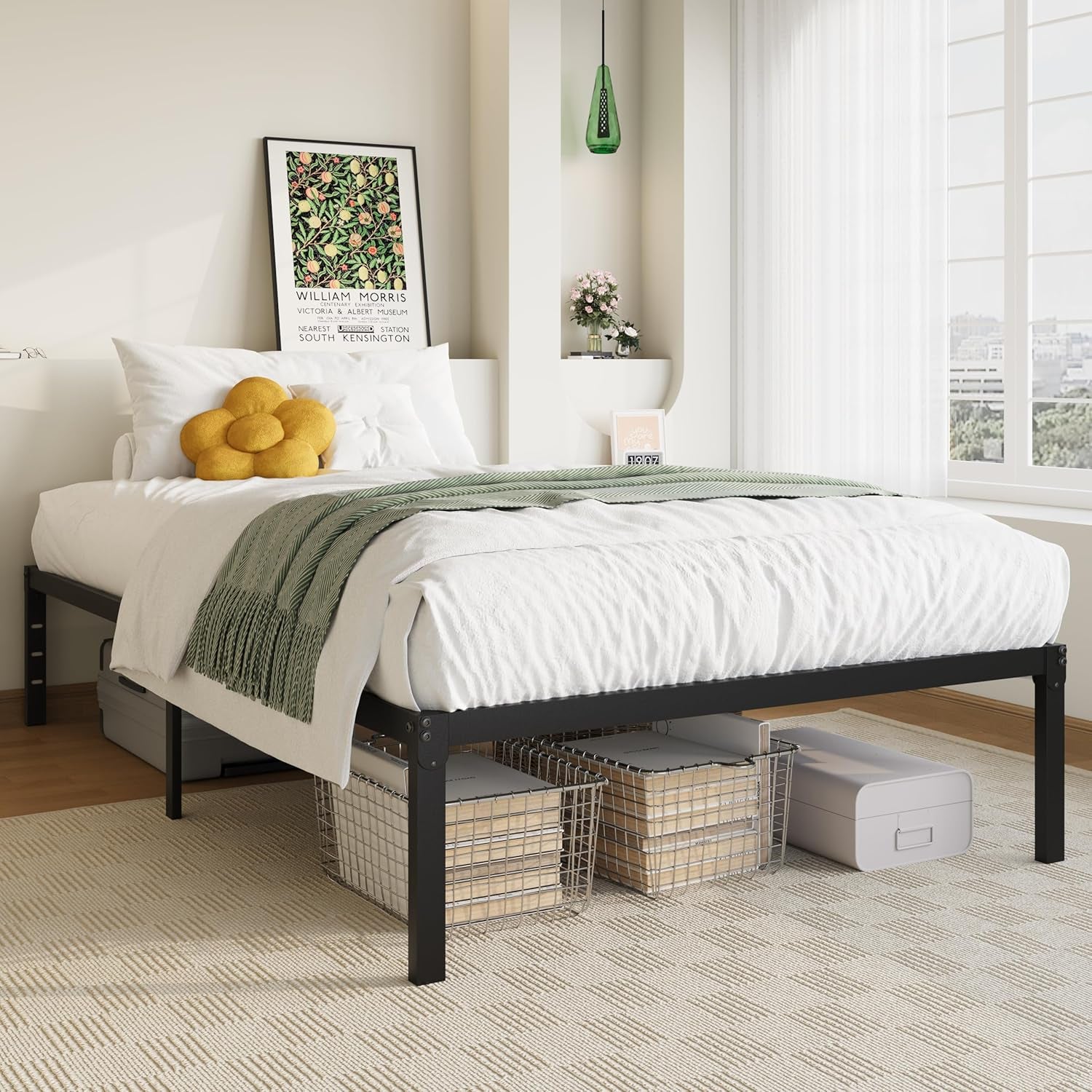 Twin Bed Frame, 14 Inch Metal Platform Beds with Storage Space, No Box Spring Needed and Easy Assembly, Black