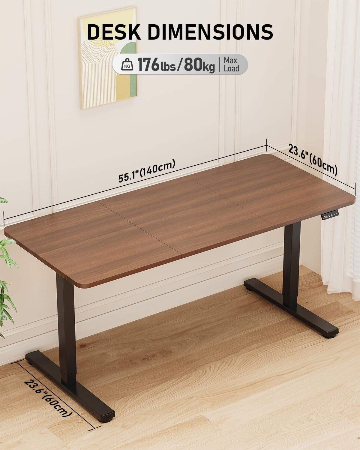 55" Electric Standing Desk Adjustable Height, Sit Stand up Desk for Home Office & Computer Workstation, 2 Memory Height Settings, Splice Board, 2 Hooks, Black Frame/Walnut Top
