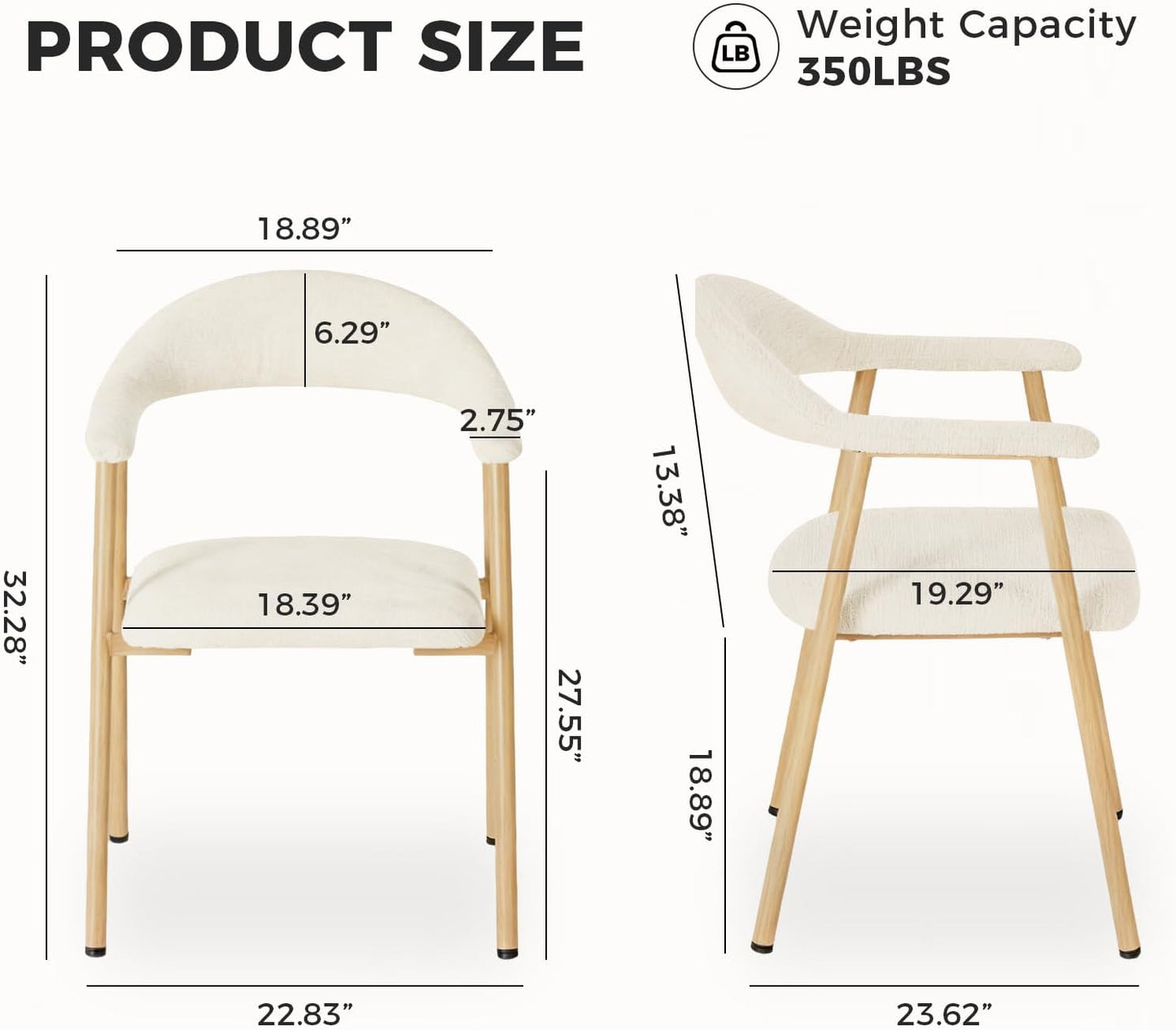 Dining Chairs Set of 2, Linen Fabric Upholstered Kitchen Side Chairs with Curved Backrest & Metal Legs, Modern Farmhouse Accent Chairs for Dining Room Kitchen Living Room Cafe, Beige