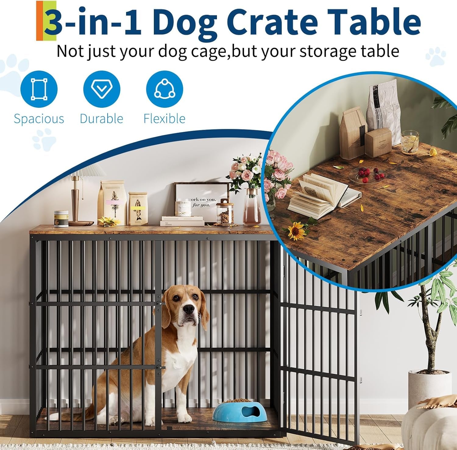 48'' Dog Crate Furniture with 3 Lockable Doors, 3-In-1 Dog Kennel with Heavy Duty Metal Frame & Wooden Panels, XXL Crate End Table for Medium to Large Breeds, Brown & Black