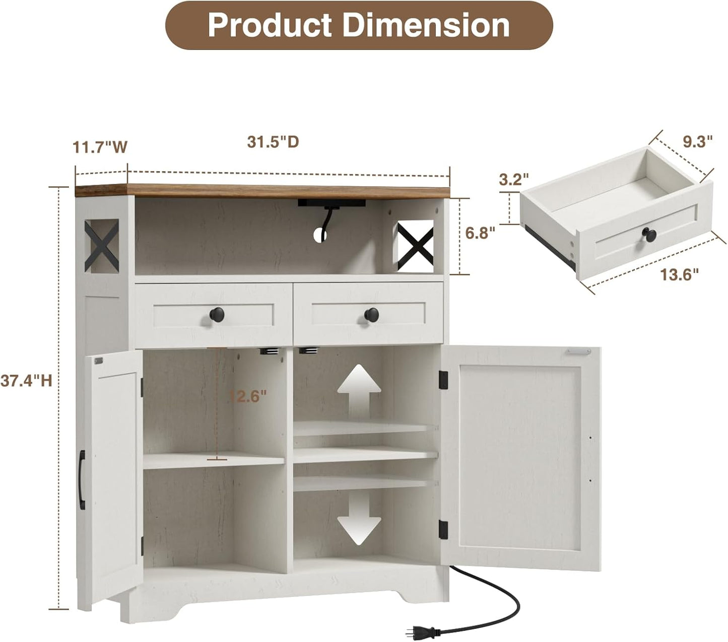 31.5" White Storage Cabinet with Doors and Drawers, Farmhouse Sideboard Buffet Cabinet with Storage, Kitchen Pantry Hutch, Coffee Bar Table Station for Kitchen, Livingroom, Dining Room