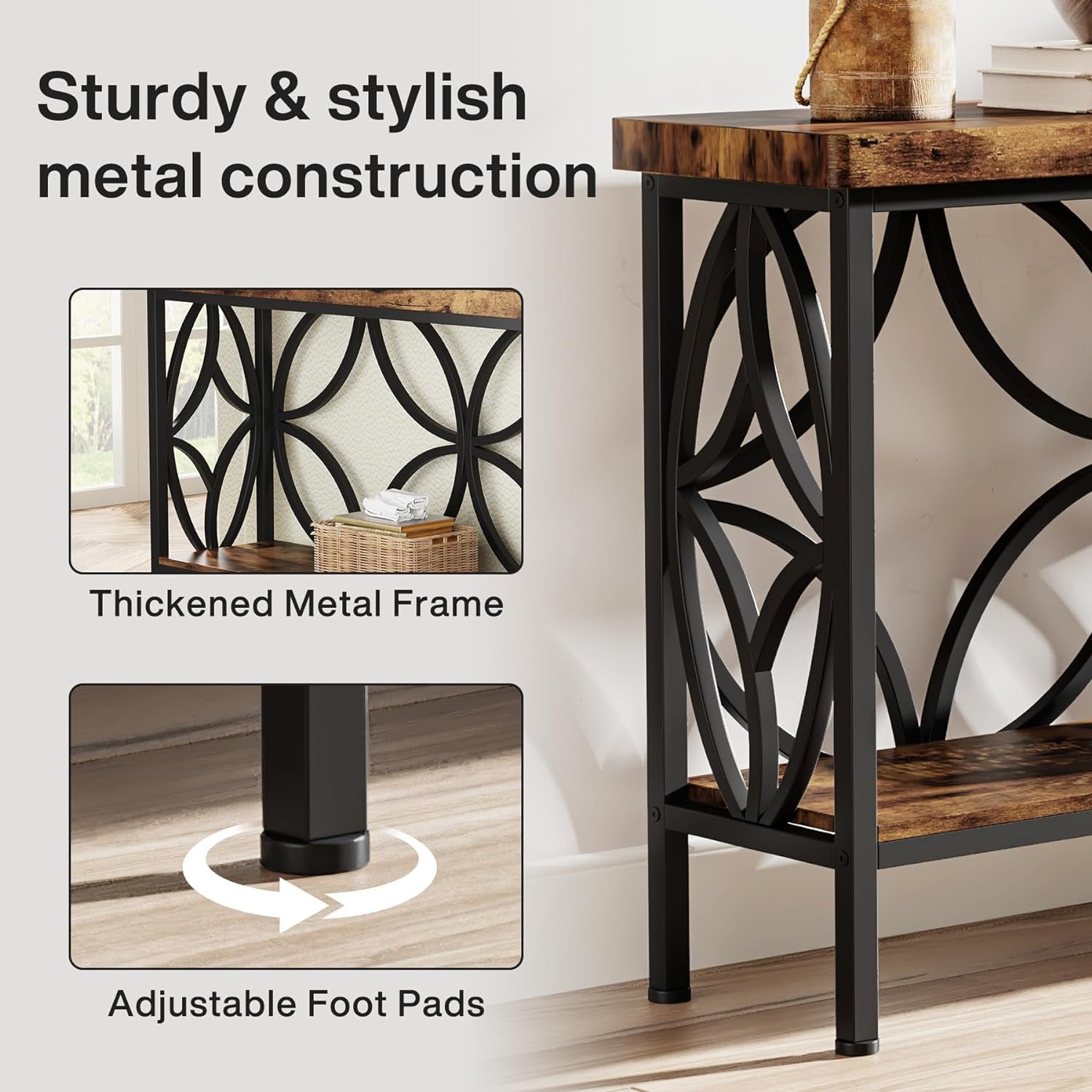 70.9-Inch Narrow Sofa Table, Industrial Long Sofa Table behind Couch, Entry Console Table with Storage for Entryway, Living Room, Foyer, Unique Design, Rustic Brown