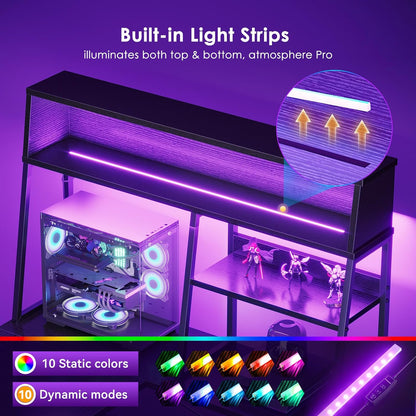 L Shaped Gaming Desk with Led Lights, 51 Inch Reversible Gaming Computer Desk with Display Shelves, PC Gamer Desk Gamer Table with Storage Bag, L Desk for Game, Black