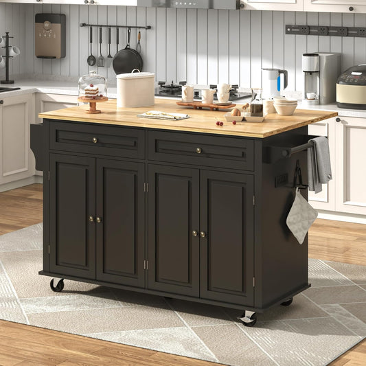 59" W Rolling Kitchen Island with Drop Leaf, Movable Kitchen Carts on Wheels Island with Storage Cabinet&Charging Station, Island Table for Kitchen W/Rubber Wood Top, Rack, Hook, Drawers, Black